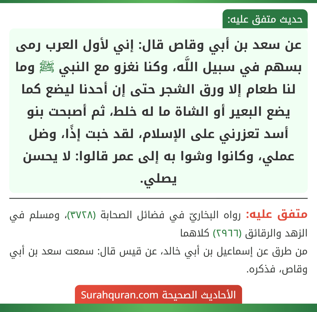 عن سعد بن أبي وقاص قال: إني لأول العرب رمى بسهم في سبيل اللَّه، وكنا نغزو مع النبي ﷺ وما لنا طعام إلا ورق الشجر حتى إن أحدنا ليضع كما يضع البعير أو الشاة ما له خلط، ثم أصبحت بنو أسد تعزرني على الإسلام، لقد خبت إذًا، وضل عملي، وكانوا وشوا به إلى عمر قالوا: لا يحسن يصلي. عن سعد بن أبي وقاص قال: إني لأول العرب رمى بسهم في سبيل اللَّه، وكنا نغزو مع النبي ﷺ وما لنا طعام إلا ورق الشجر حتى إن أحدنا ليضع كما يضع البعير أو الشاة ما له خلط، ثم أصبحت بنو أسد تعزرني على الإسلام، لقد خبت إذًا، وضل عملي، وكانوا وشوا به إلى عمر قالوا: لا يحسن يصلي.