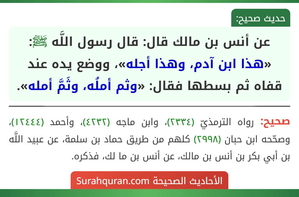 عن أنس بن مالك قال: قال رسول اللَّه ﷺ: «هذا ابن آدم، وهذا أجله»، ووضع يده عند قفاه ثم بسطها فقال: «وثم أملُه، وثَمَّ أمله».