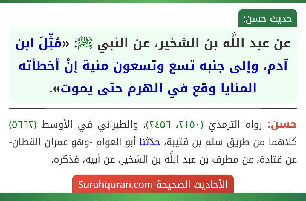 عن عبد اللَّه بن الشخير، عن النبي ﷺ: «مُثِّلَ ابن آدم، وإلى جنبه تسع وتسعون منية إنْ أخطأته المنايا وقع في الهرم حتى يموت». عن عبد اللَّه بن الشخير، عن النبي ﷺ: «مُثِّلَ ابن آدم، وإلى جنبه تسع وتسعون منية إنْ أخطأته المنايا وقع في الهرم حتى يموت».