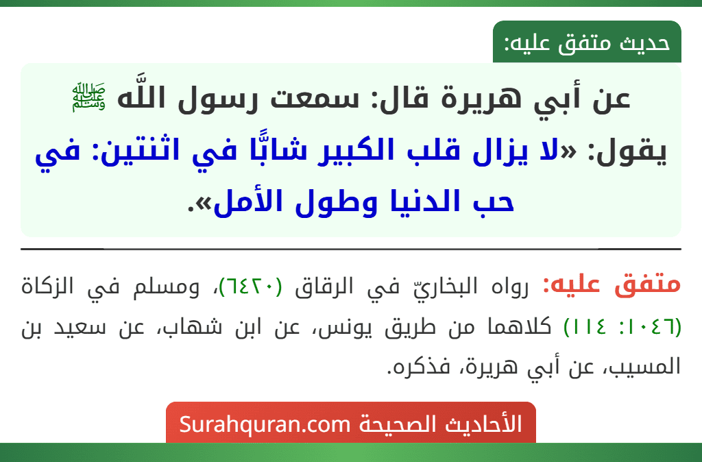 عن أبي هريرة قال: سمعت رسول اللَّه ﷺ يقول: «لا يزال قلب الكبير شابًّا في اثنتين: في حب الدنيا وطول الأمل».