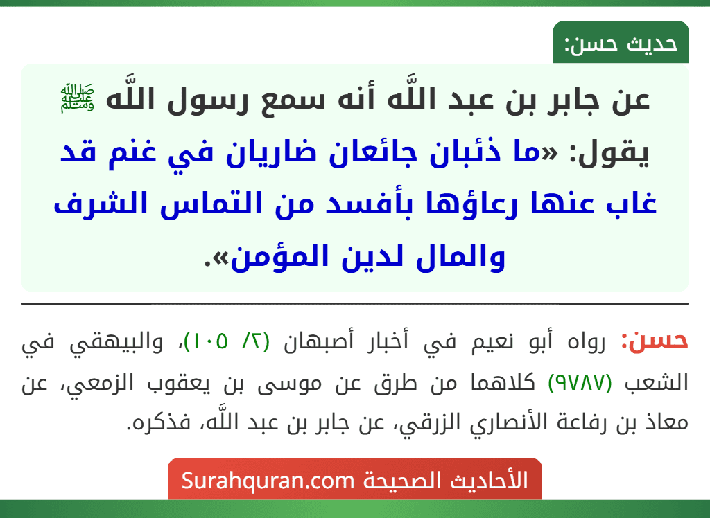 عن جابر بن عبد اللَّه أنه سمع رسول اللَّه ﷺ يقول: «ما ذئبان جائعان ضاريان في غنم قد غاب عنها رعاؤها بأفسد من التماس الشرف والمال لدين المؤمن».