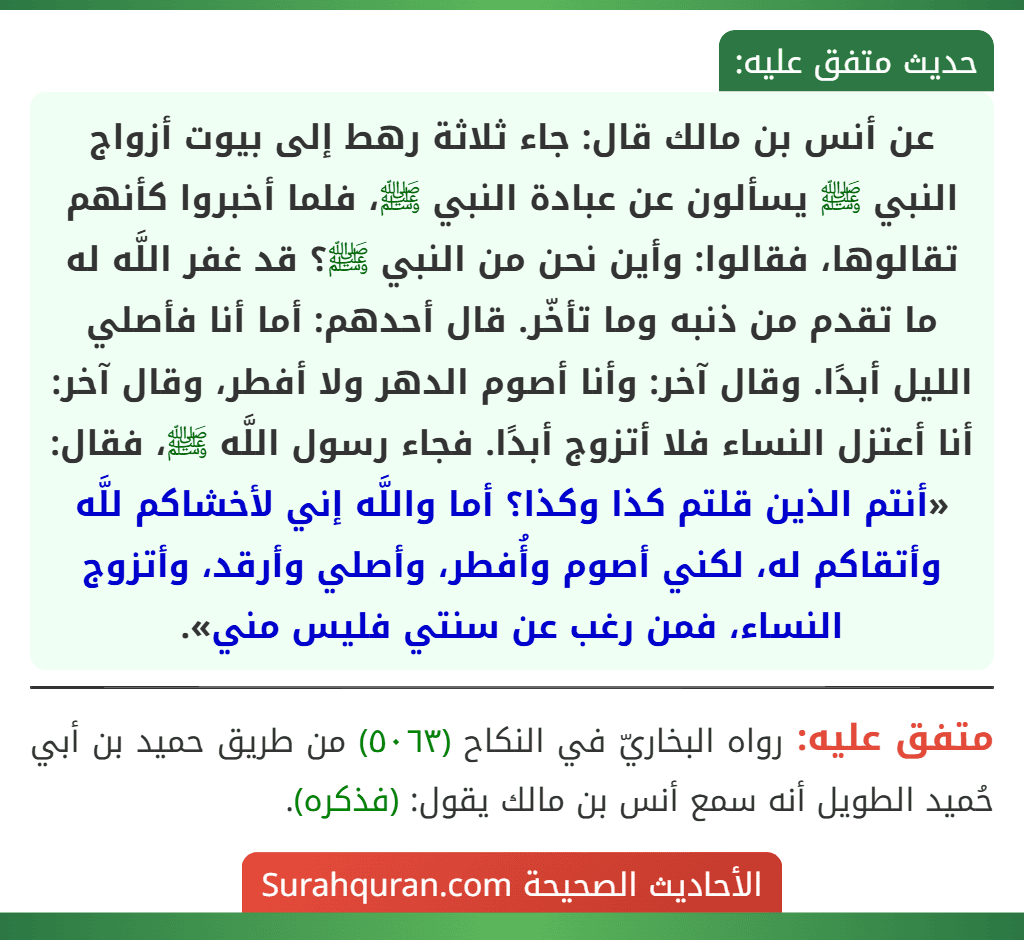 عن أنس بن مالك قال: جاء ثلاثة رهط إلى بيوت أزواج النبي ﷺ يسألون عن عبادة النبي ﷺ، فلما أخبروا كأنهم تقالوها، فقالوا: وأين نحن من النبي ﷺ؟ قد غفر اللَّه له ما تقدم من ذنبه وما تأخّر. قال أحدهم: أما أنا فأصلي الليل أبدًا. وقال آخر: وأنا أصوم الدهر ولا أفطر، وقال آخر: أنا أعتزل النساء فلا أتزوج أبدًا. فجاء رسول اللَّه ﷺ، فقال: «أنتم الذين قلتم كذا وكذا؟ أما واللَّه إني لأخشاكم للَّه وأتقاكم له، لكني أصوم وأُفطر، وأصلي وأرقد، وأتزوج النساء، فمن رغب عن سنتي فليس مني».