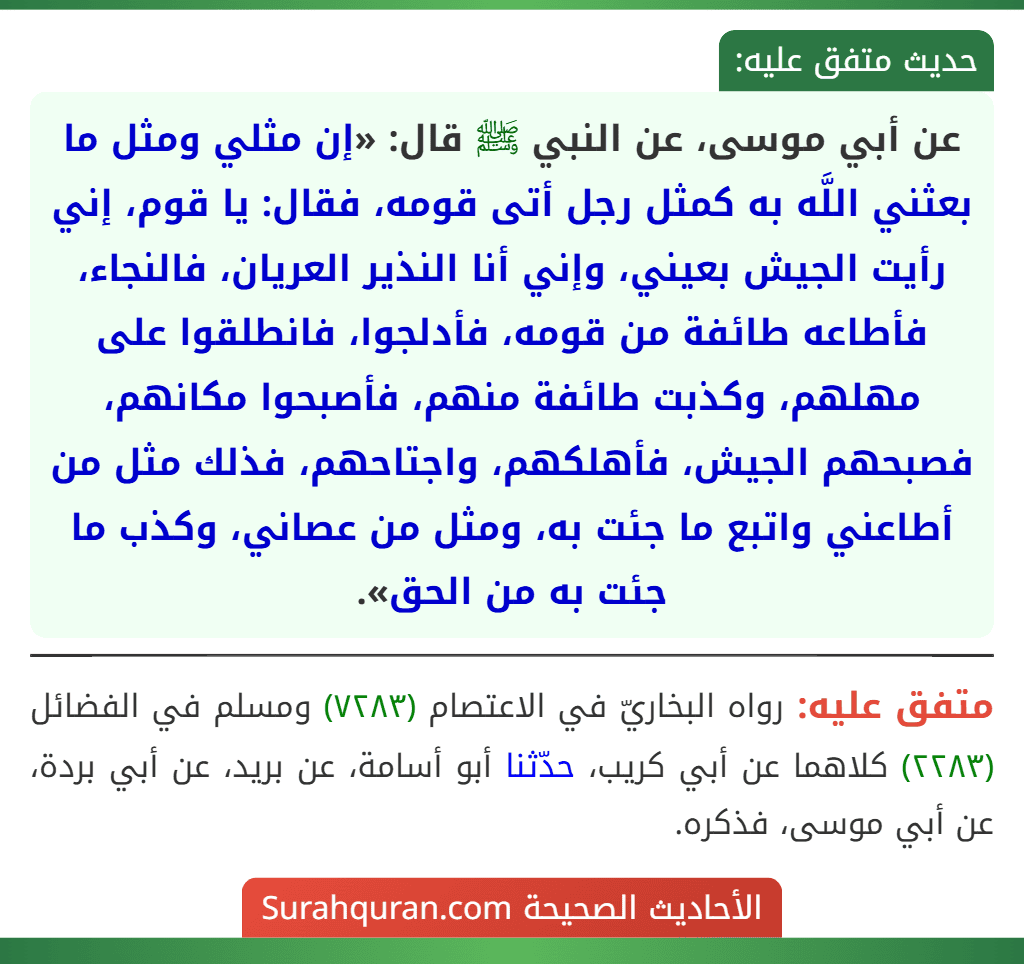 عن أبي موسى، عن النبي ﷺ قال: «إن مثلي ومثل ما بعثني اللَّه به كمثل رجل أتى قومه، فقال: يا قوم، إني رأيت الجيش بعيني، وإني أنا النذير العريان، فالنجاء، فأطاعه طائفة من قومه، فأدلجوا، فانطلقوا على مهلهم، وكذبت طائفة منهم، فأصبحوا مكانهم، فصبحهم الجيش، فأهلكهم، واجتاحهم، فذلك مثل من أطاعني واتبع ما جئت به، ومثل من عصاني، وكذب ما جئت به من الحق».
