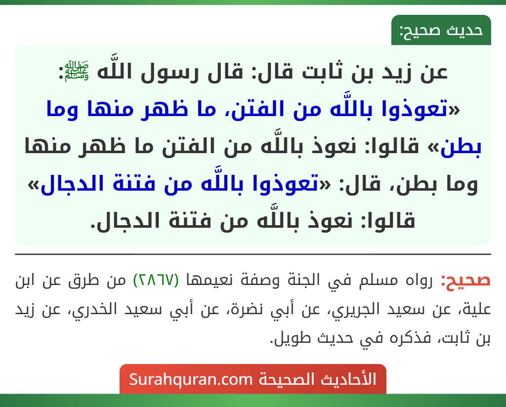 عن زيد بن ثابت قال: قال رسول اللَّه ﷺ: «تعوذوا باللَّه من الفتن، ما ظهر منها وما بطن» قالوا: نعوذ باللَّه من الفتن ما ظهر منها وما بطن، قال: «تعوذوا باللَّه من فتنة الدجال» قالوا: نعوذ باللَّه من فتنة الدجال.