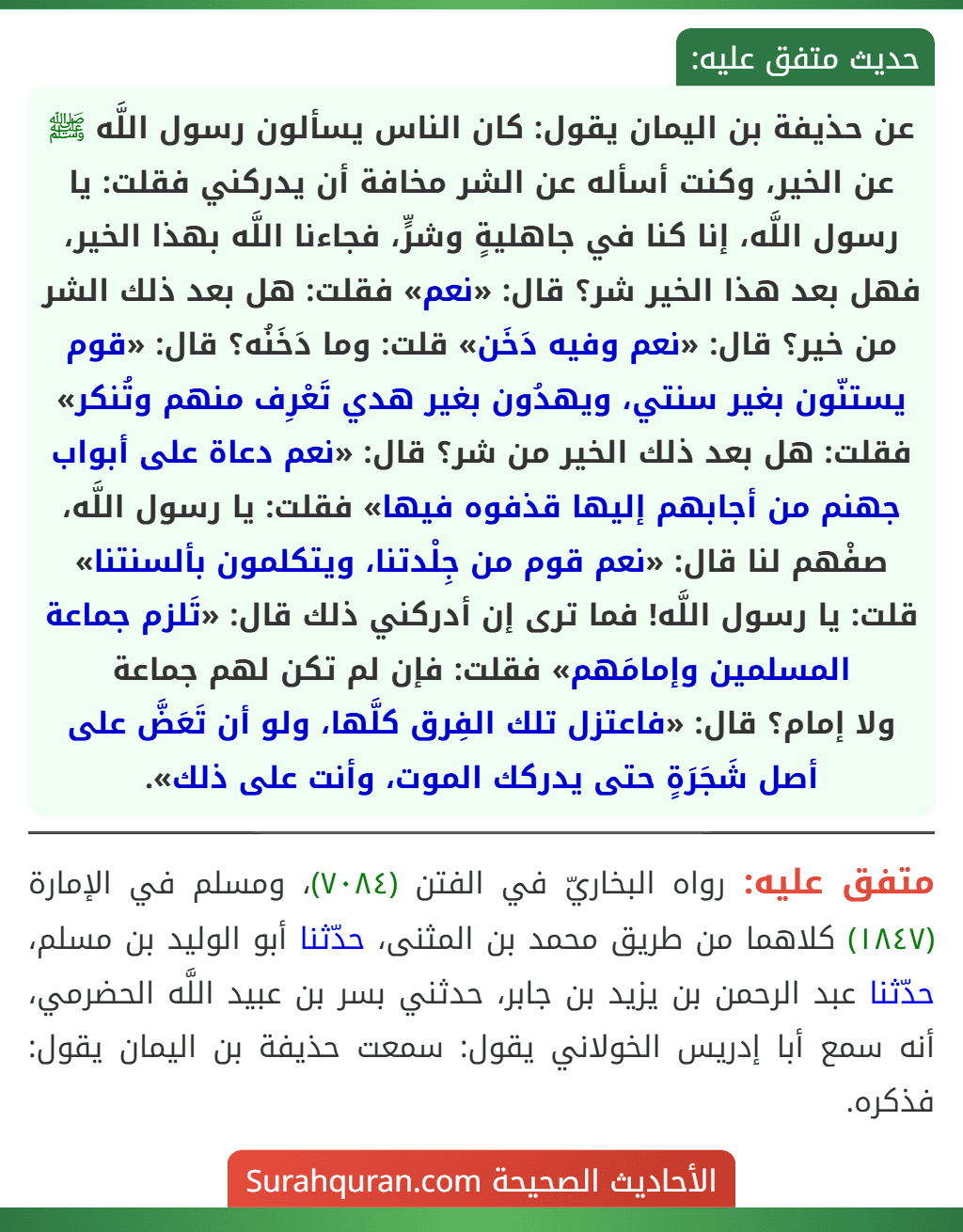 عن حذيفة بن اليمان يقول: كان الناس يسألون رسول اللَّه ﷺ عن الخير، وكنت أسأله عن الشر مخافة أن يدركني فقلت: يا رسول اللَّه، إنا كنا في جاهليةٍ وشرٍّ، فجاءنا اللَّه بهذا الخير، فهل بعد هذا الخير شر؟ قال: «نعم» فقلت: هل بعد ذلك الشر من خير؟ قال: «نعم وفيه دَخَن» قلت: وما دَخَنُه؟ قال: «قوم يستنّون بغير سنتي، ويهدُون بغير هدي تَعْرِف منهم وتُنكر» فقلت: هل بعد ذلك الخير من شر؟ قال: «نعم دعاة على أبواب جهنم من أجابهم إليها قذفوه فيها» فقلت: يا رسول اللَّه، صفْهم لنا قال: «نعم قوم من جِلْدتنا، ويتكلمون بألسنتنا» قلت: يا رسول اللَّه! فما ترى إن أدركني ذلك قال: «تَلزم جماعة المسلمين وإمامَهم» فقلت: فإن لم تكن لهم جماعة
ولا إمام؟ قال: «فاعتزل تلك الفِرق كلَّها، ولو أن تَعَضَّ على أصل شَجَرَةٍ حتى يدركك الموت، وأنت على ذلك». عن حذيفة بن اليمان يقول: كان الناس يسألون رسول اللَّه ﷺ عن الخير، وكنت أسأله عن الشر مخافة أن يدركني فقلت: يا رسول اللَّه، إنا كنا في جاهليةٍ وشرٍّ، فجاءنا اللَّه بهذا الخير، فهل بعد هذا الخير شر؟ قال: «نعم» فقلت: هل بعد ذلك الشر من خير؟ قال: «نعم وفيه دَخَن» قلت: وما دَخَنُه؟ قال: «قوم يستنّون بغير سنتي، ويهدُون بغير هدي تَعْرِف منهم وتُنكر» فقلت: هل بعد ذلك الخير من شر؟ قال: «نعم دعاة على أبواب جهنم من أجابهم إليها قذفوه فيها» فقلت: يا رسول اللَّه، صفْهم لنا قال: «نعم قوم من جِلْدتنا، ويتكلمون بألسنتنا» قلت: يا رسول اللَّه! فما ترى إن أدركني ذلك قال: «تَلزم جماعة المسلمين وإمامَهم» فقلت: فإن لم تكن لهم جماعة
ولا إمام؟ قال: «فاعتزل تلك الفِرق كلَّها، ولو أن تَعَضَّ على أصل شَجَرَةٍ حتى يدركك الموت، وأنت على ذلك».