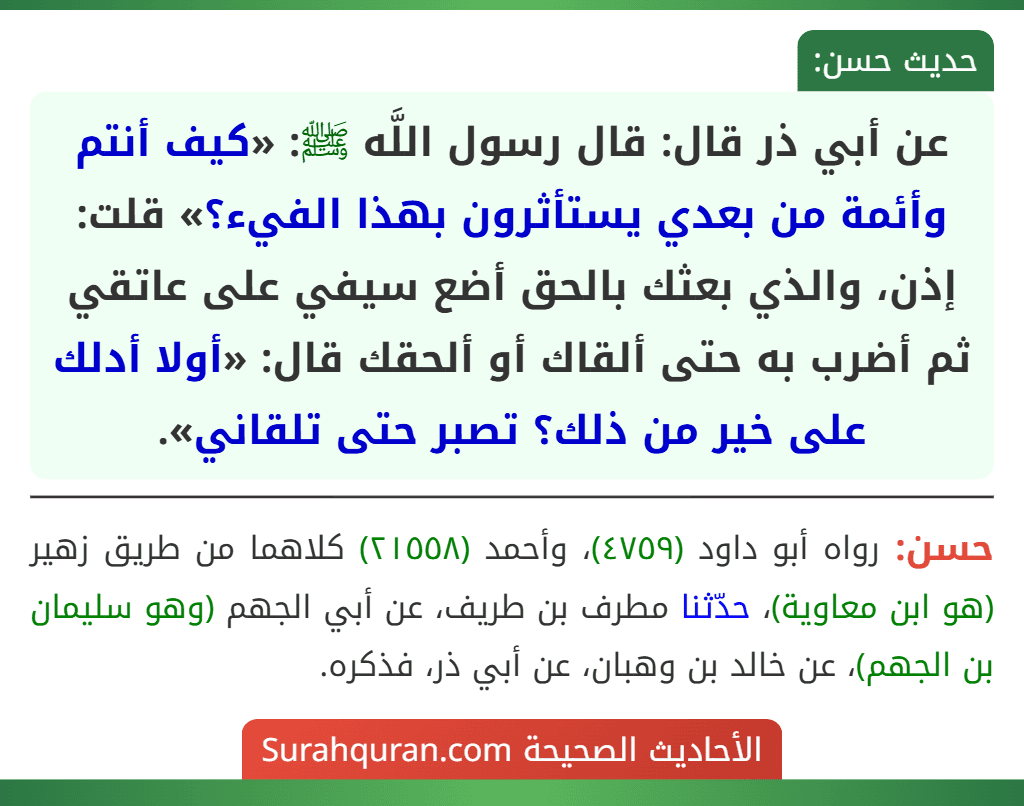 عن أبي ذر قال: قال رسول اللَّه ﷺ: «كيف أنتم وأئمة من بعدي يستأثرون بهذا الفيء؟» قلت: إذن، والذي بعثك بالحق أضع سيفي على عاتقي ثم أضرب به حتى ألقاك أو ألحقك قال: «أولا أدلك على خير من ذلك؟ تصبر حتى تلقاني».