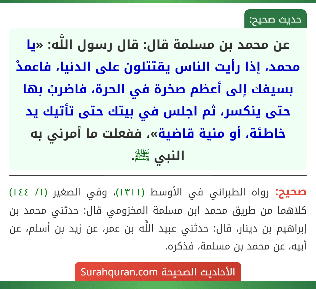 عن محمد بن مسلمة قال: قال رسول اللَّه: «يا محمد، إذا رأيت الناس يقتتلون على الدنيا، فاعمدْ بسيفك إلى أعظم صخرة في الحرة، فاضربْ بها حتى ينكسر، ثم اجلس في بيتك حتى تأتيك يد خاطئة، أو منية قاضية»، ففعلت ما أمرني به النبي ﷺ.