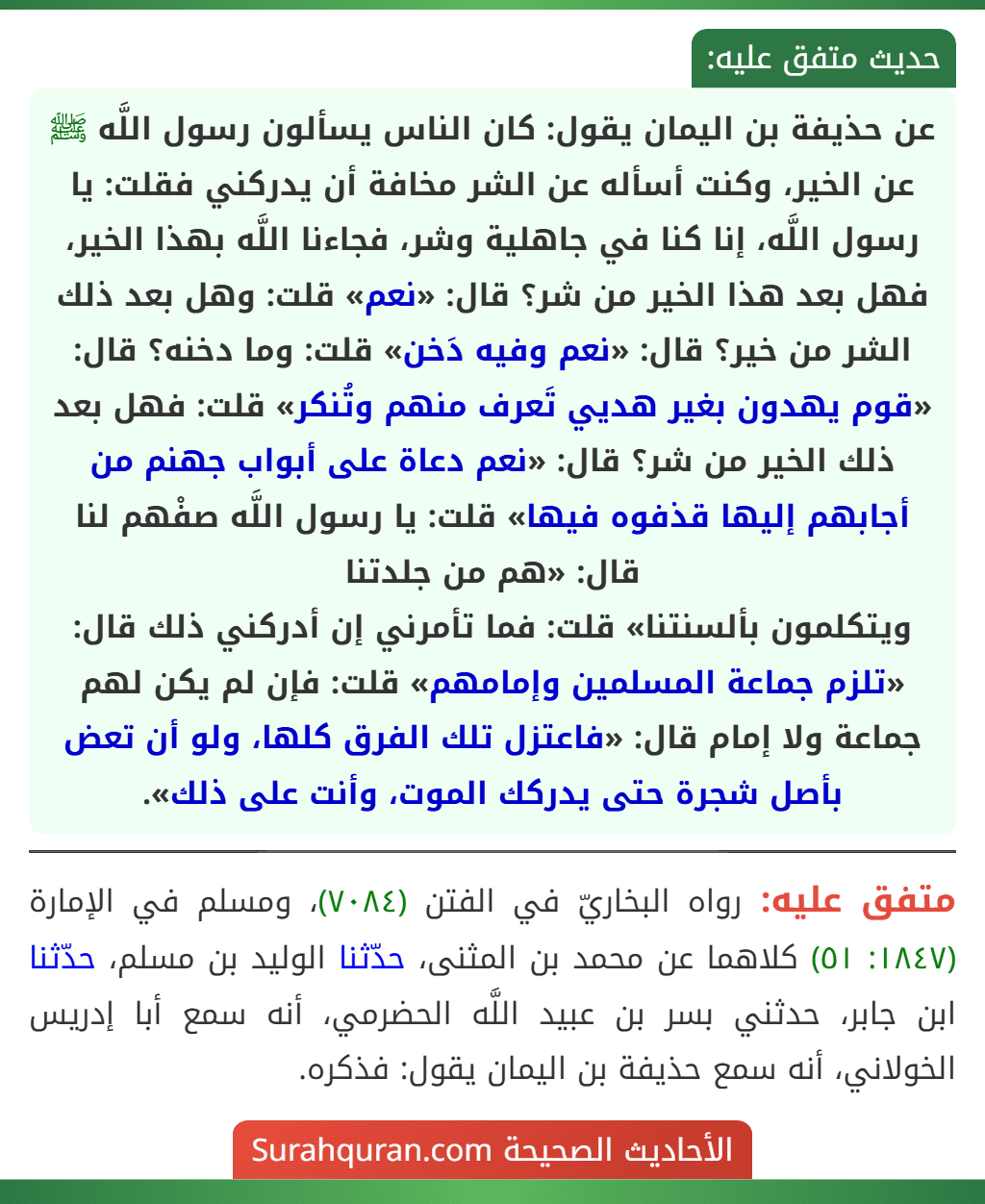 عن حذيفة بن اليمان يقول: كان الناس يسألون رسول اللَّه ﷺ عن الخير، وكنت أسأله عن الشر مخافة أن يدركني فقلت: يا رسول اللَّه، إنا كنا في جاهلية وشر، فجاءنا اللَّه بهذا الخير، فهل بعد هذا الخير من شر؟ قال: «نعم» قلت: وهل بعد ذلك الشر من خير؟ قال: «نعم وفيه دَخن» قلت: وما دخنه؟ قال: «قوم يهدون بغير هديي تَعرف منهم وتُنكر» قلت: فهل بعد ذلك الخير من شر؟ قال: «نعم دعاة على أبواب جهنم من أجابهم إليها قذفوه فيها» قلت: يا رسول اللَّه صفْهم لنا قال: «هم من جلدتنا
ويتكلمون بألسنتنا» قلت: فما تأمرني إن أدركني ذلك قال: «تلزم جماعة المسلمين وإمامهم» قلت: فإن لم يكن لهم جماعة ولا إمام قال: «فاعتزل تلك الفرق كلها، ولو أن تعض بأصل شجرة حتى يدركك الموت، وأنت على ذلك».