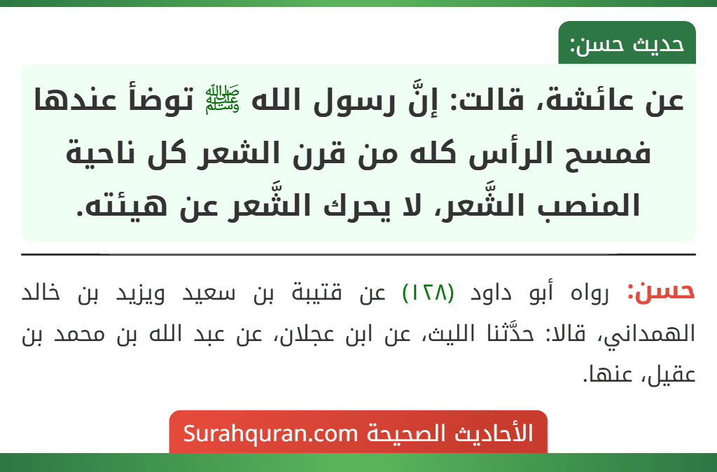 عن عائشة، قالت: إنَّ رسول الله ﷺ توضأ عندها فمسح الرأس كله من قرن الشعر كل ناحية المنصب الشَّعر، لا يحرك الشَّعر عن هيئته. عن عائشة، قالت: إنَّ رسول الله ﷺ توضأ عندها فمسح الرأس كله من قرن الشعر كل ناحية المنصب الشَّعر، لا يحرك الشَّعر عن هيئته.