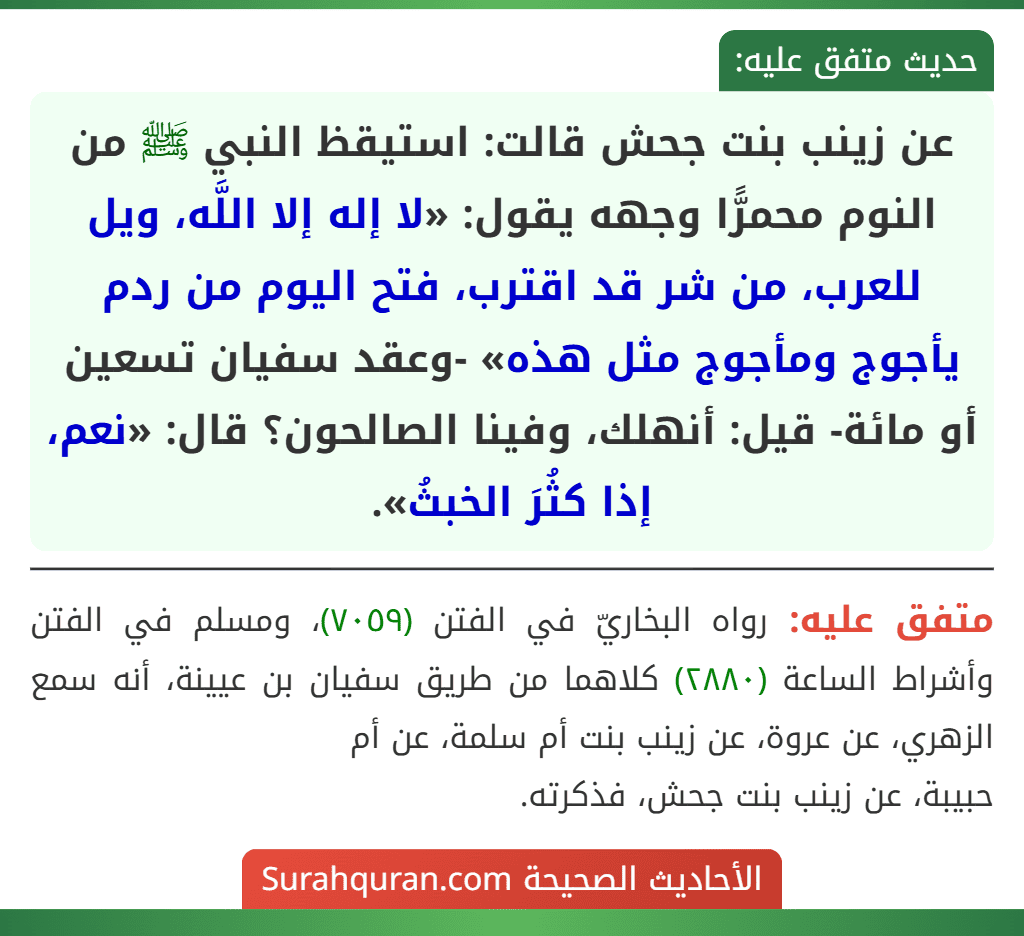 عن زينب بنت جحش قالت: استيقظ النبي ﷺ من النوم محمرًّا وجهه يقول: «لا إله إلا اللَّه، ويل للعرب، من شر قد اقترب، فتح اليوم من ردم يأجوج ومأجوج مثل هذه» -وعقد سفيان تسعين أو مائة- قيل: أنهلك، وفينا الصالحون؟ قال: «نعم، إذا كثُرَ الخبثُ». عن زينب بنت جحش قالت: استيقظ النبي ﷺ من النوم محمرًّا وجهه يقول: «لا إله إلا اللَّه، ويل للعرب، من شر قد اقترب، فتح اليوم من ردم يأجوج ومأجوج مثل هذه» -وعقد سفيان تسعين أو مائة- قيل: أنهلك، وفينا الصالحون؟ قال: «نعم، إذا كثُرَ الخبثُ».