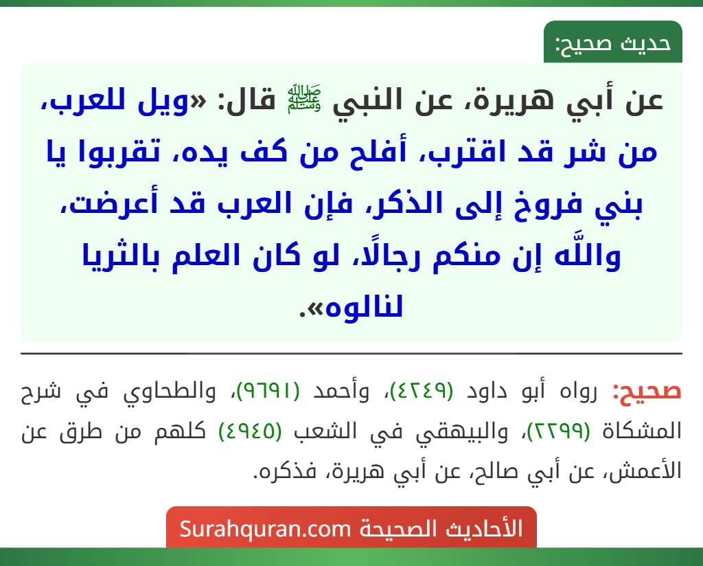 عن أبي هريرة، عن النبي ﷺ قال: «ويل للعرب، من شر قد اقترب، أفلح من كف يده، تقربوا يا بني فروخ إلى الذكر، فإن العرب قد أعرضت، واللَّه إن منكم رجالًا، لو كان العلم بالثريا لنالوه».