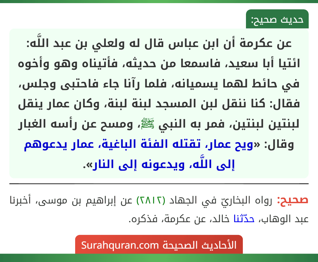 عن عكرمة أن ابن عباس قال له ولعلي بن عبد اللَّه: ائتيا أبا سعيد، فاسمعا من حديثه، فأتيناه وهو وأخوه في حائط لهما يسميانه، فلما رآنا جاء فاحتبى وجلس، فقال: كنا ننقل لبن المسجد لبنة لبنة، وكان عمار ينقل لبنتين لبنتين، فمر به النبي ﷺ، ومسح عن رأسه الغبار وقال: «ويح عمار، تقتله الفئة الباغية، عمار يدعوهم إلى اللَّه، ويدعونه إلى النار».