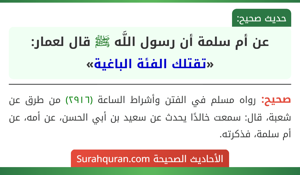 عن أم سلمة أن رسول اللَّه ﷺ قال لعمار: «تقتلك الفئة الباغية»