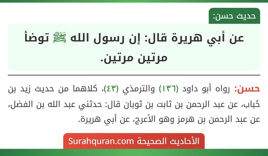 عن أبي هريرة قال: إن رسول الله ﷺ توضأ مرتين مرتين.