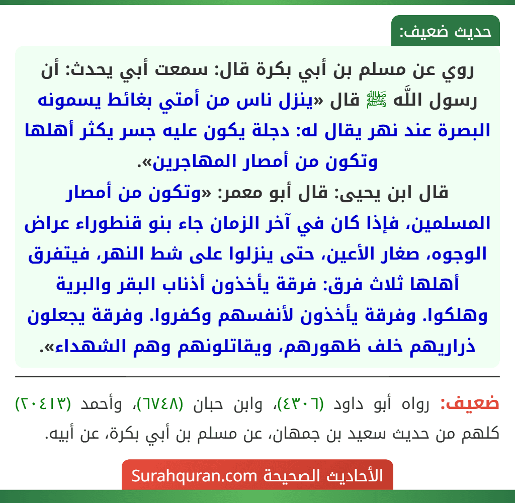 روي عن مسلم بن أبي بكرة قال: سمعت أبي يحدث: أن رسول اللَّه ﷺ قال «ينزل ناس من أمتي بغائط يسمونه البصرة عند نهر يقال له: دجلة يكون عليه جسر يكثر أهلها وتكون من أمصار المهاجرين».
قال ابن يحيى: قال أبو معمر: «وتكون من أمصار المسلمين، فإذا كان في آخر الزمان جاء بنو قنطوراء عراض الوجوه، صغار الأعين، حتى ينزلوا على شط النهر، فيتفرق أهلها ثلاث فرق: فرقة يأخذون أذناب البقر والبرية وهلكوا. وفرقة يأخذون لأنفسهم وكفروا. وفرقة يجعلون ذراريهم خلف ظهورهم، ويقاتلونهم وهم الشهداء».