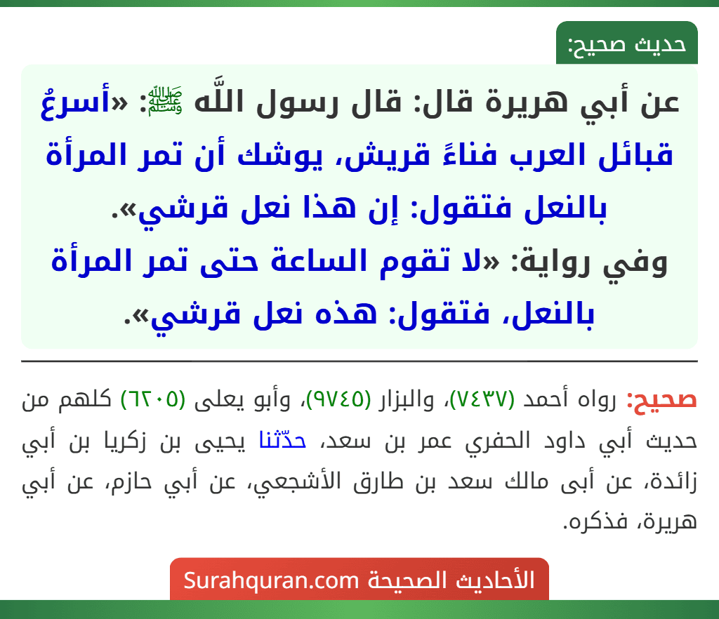 عن أبي هريرة قال: قال رسول اللَّه ﷺ: «أسرعُ قبائل العرب فناءً قريش، يوشك أن تمر المرأة بالنعل فتقول: إن هذا نعل قرشي».
وفي رواية: «لا تقوم الساعة حتى تمر المرأة بالنعل، فتقول: هذه نعل قرشي».