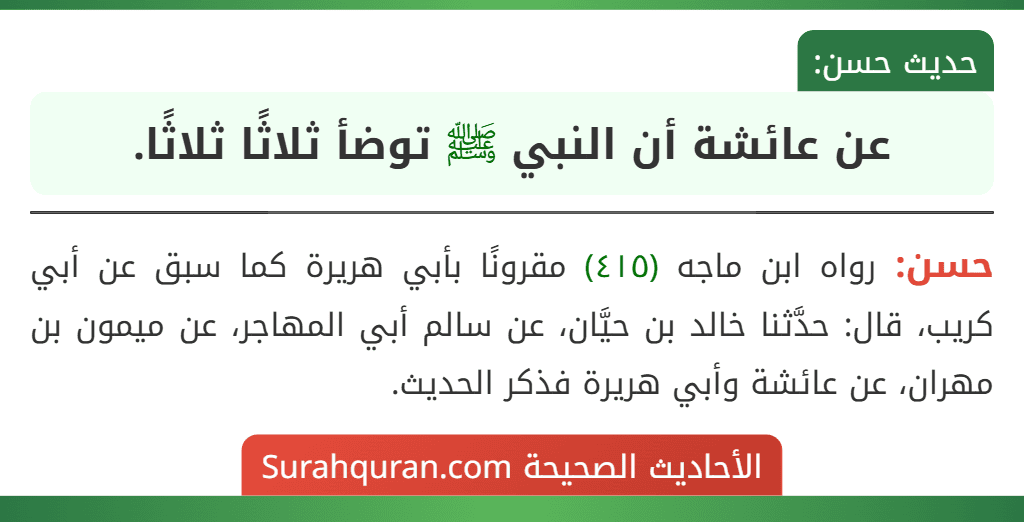 عن عائشة أن النبي ﷺ توضأ ثلاثًا ثلاثًا.