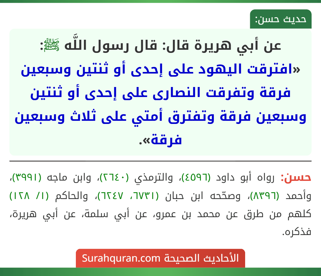 عن أبي هريرة قال: قال رسول اللَّه ﷺ: «افترقت اليهود على إحدى أو ثنتين وسبعين فرقة وتفرقت النصارى على إحدى أو ثنتين وسبعين فرقة وتفترق أمتي على ثلاث وسبعين فرقة». عن أبي هريرة قال: قال رسول اللَّه ﷺ: «افترقت اليهود على إحدى أو ثنتين وسبعين فرقة وتفرقت النصارى على إحدى أو ثنتين وسبعين فرقة وتفترق أمتي على ثلاث وسبعين فرقة».