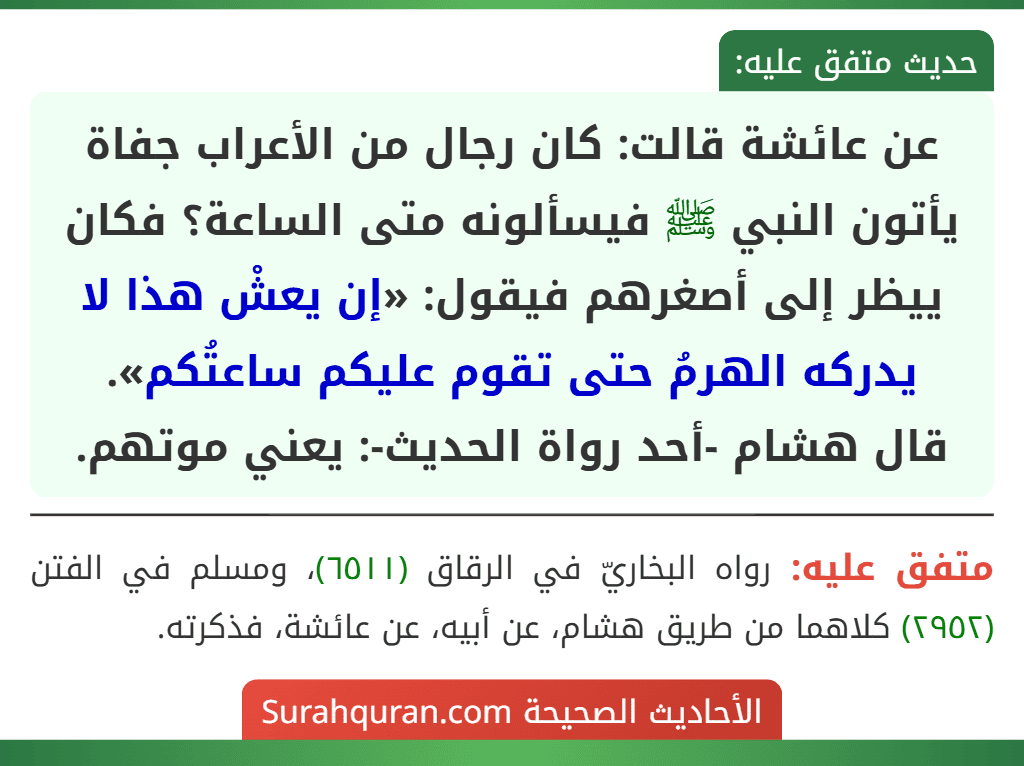 عن عائشة قالت: كان رجال من الأعراب جفاة يأتون النبي ﷺ فيسألونه متى الساعة؟ فكان ييظر إلى أصغرهم فيقول: «إن يعشْ هذا لا يدركه الهرمُ حتى تقوم عليكم ساعتُكم».
قال هشام -أحد رواة الحديث-: يعني موتهم.