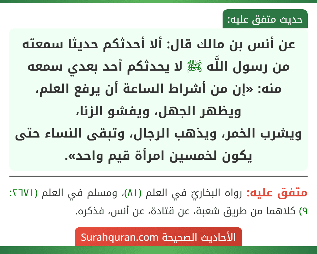 عن أنس بن مالك قال: ألا أحدثكم حديثا سمعته من رسول اللَّه ﷺ لا يحدثكم أحد بعدي سمعه منه: «إن من أشراط الساعة أن يرفع العلم، ويظهر الجهل، ويفشو الزنا،
ويشرب الخمر، ويذهب الرجال، وتبقى النساء حتى يكون لخمسين امرأة قيم واحد».