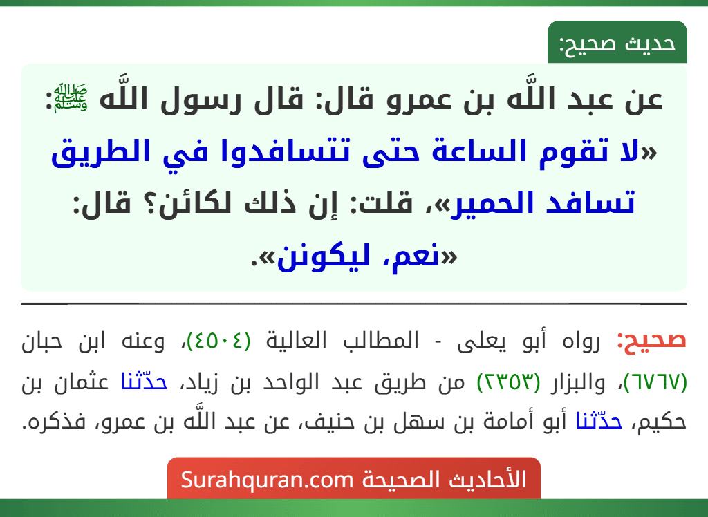عن عبد اللَّه بن عمرو قال: قال رسول اللَّه ﷺ: «لا تقوم الساعة حتى تتسافدوا في الطريق تسافد الحمير»، قلت: إن ذلك لكائن؟ قال: «نعم، ليكونن».
