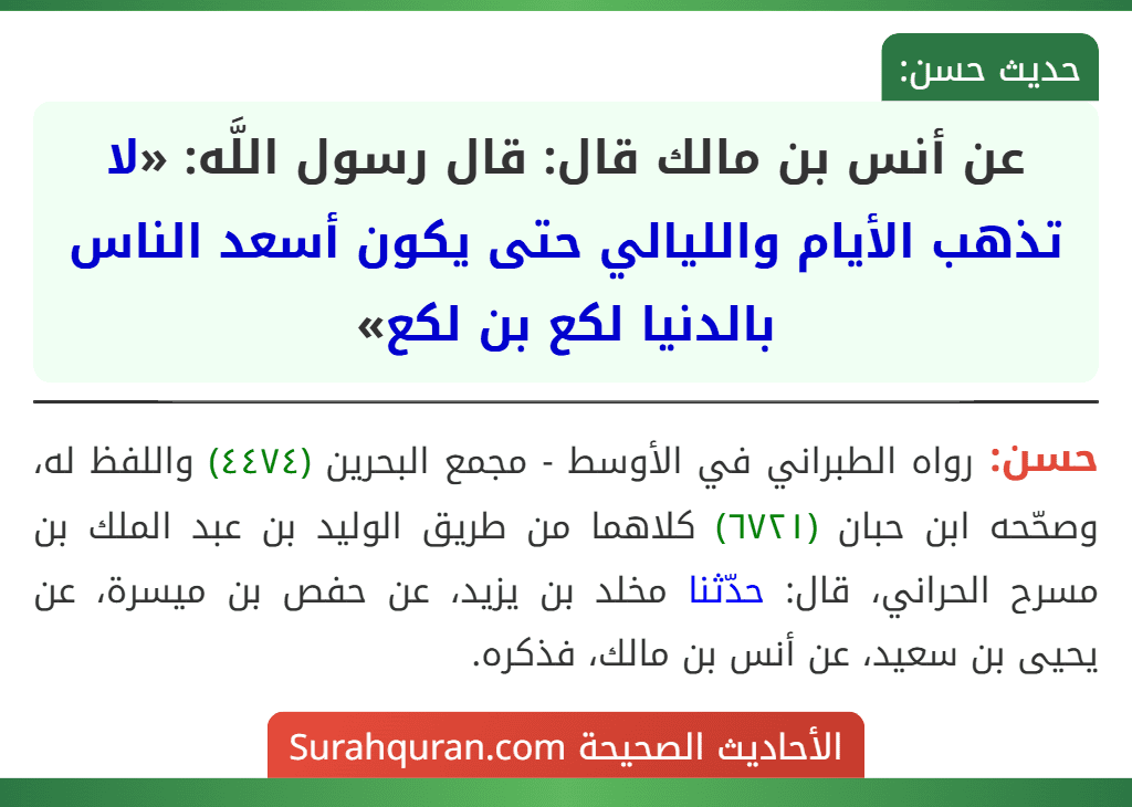 عن أنس بن مالك قال: قال رسول اللَّه: «لا تذهب الأيام والليالي حتى يكون أسعد الناس بالدنيا لكع بن لكع»
