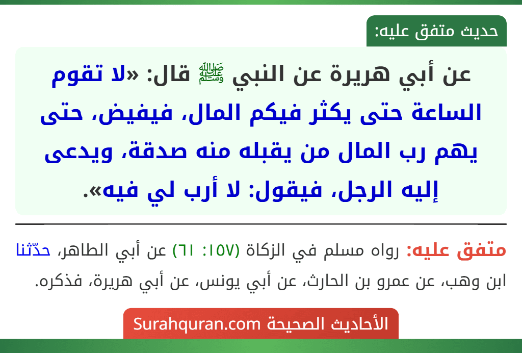 عن أبي هريرة عن النبي ﷺ قال: «لا تقوم الساعة حتى يكثر فيكم المال، فيفيض، حتى يهم رب المال من يقبله منه صدقة، ويدعى إليه الرجل، فيقول: لا أرب لي فيه».