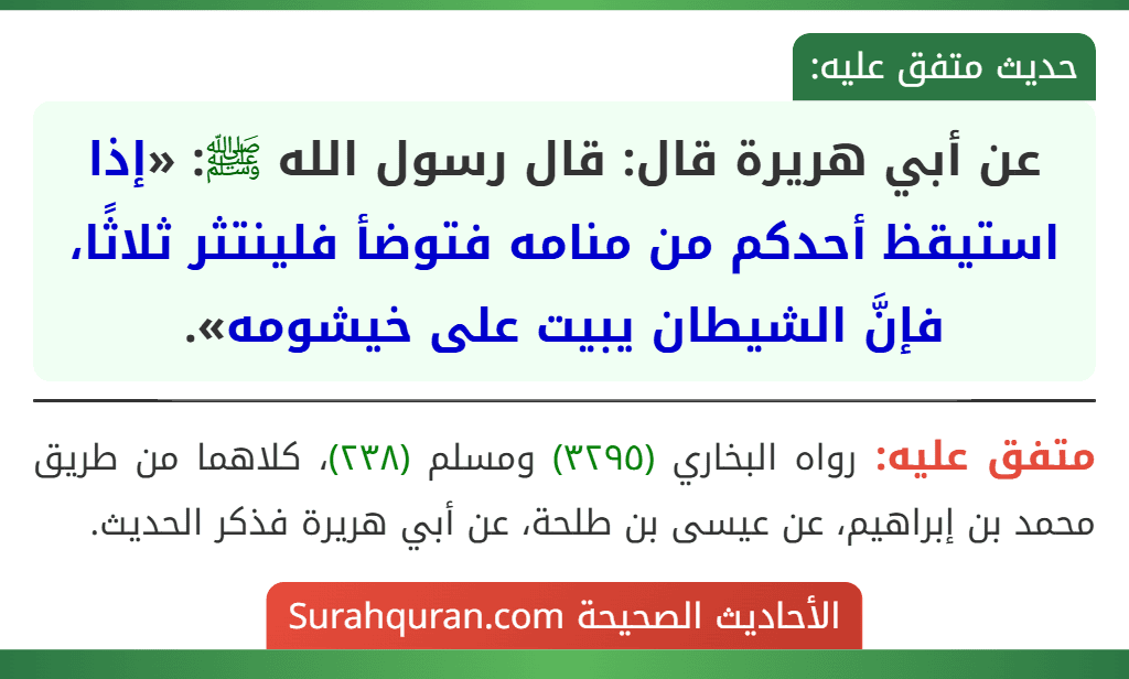 عن أبي هريرة قال: قال رسول الله ﷺ: «إذا استيقظ أحدكم من منامه فتوضأ فلينتثر ثلاثًا، فإنَّ الشيطان يبيت على خيشومه».