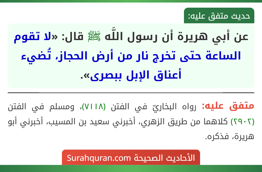 عن أبي هريرة أن رسول اللَّه ﷺ قال: «لا تقوم الساعة حتى تخرج نار من أرض الحجاز، تُضيء أعناق الإبل ببصرى».