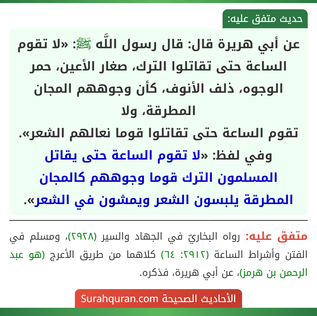 عن أبي هريرة قال: قال رسول اللَّه ﷺ: «لا تقوم الساعة حتى تقاتلوا الترك، صغار الأعين، حمر الوجوه، ذلف الأنوف، كأن وجوههم المجان المطرقة، ولا
تقوم الساعة حتى تقاتلوا قوما نعالهم الشعر».
وفي لفظ: «لا تقوم الساعة حتى يقاتل المسلمون الترك قوما وجوههم كالمجان المطرقة يلبسون الشعر ويمشون في الشعر».