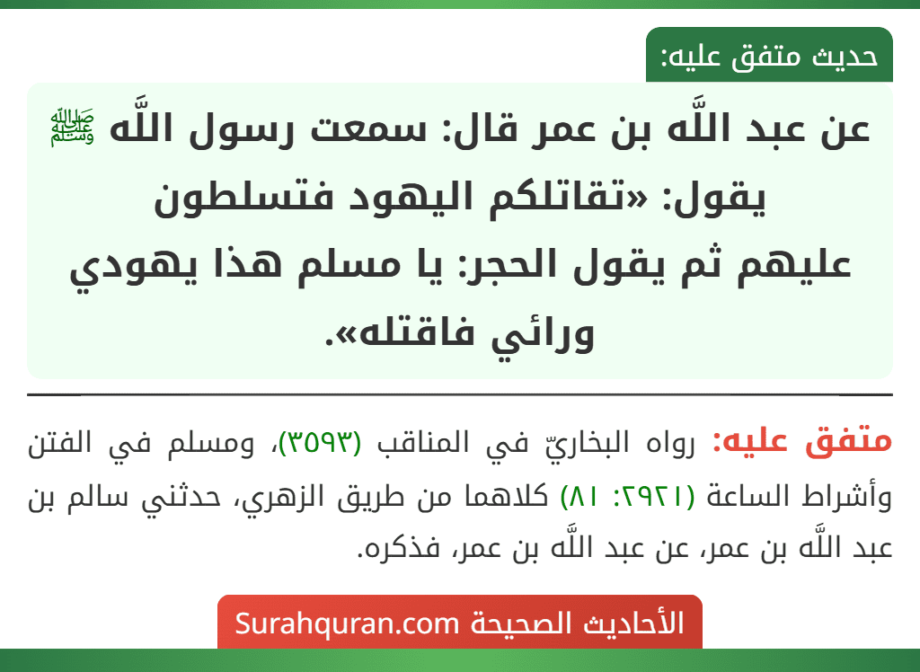 عن عبد اللَّه بن عمر قال: سمعت رسول اللَّه ﷺ يقول: «تقاتلكم اليهود فتسلطون
عليهم ثم يقول الحجر: يا مسلم هذا يهودي ورائي فاقتله».