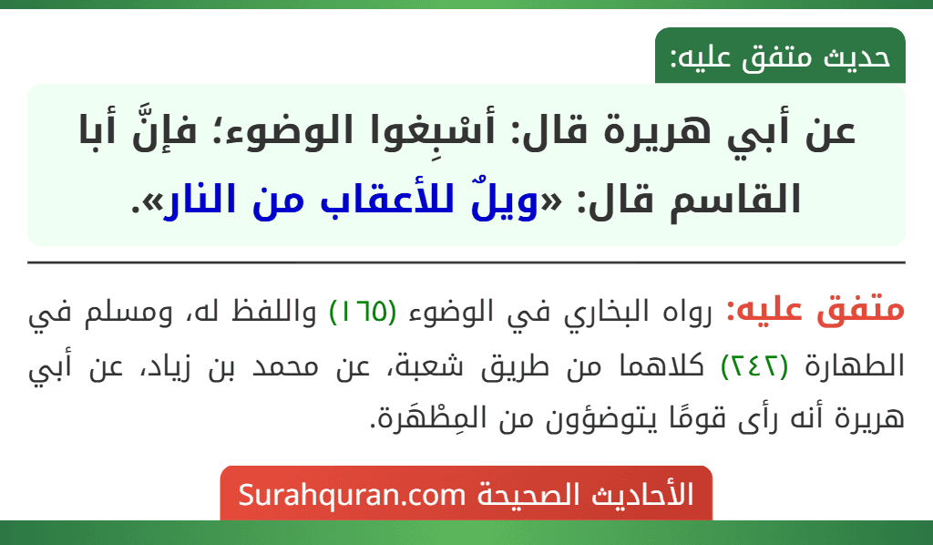 عن أبي هريرة قال: أسْبِغوا الوضوء؛ فإنَّ أبا القاسم قال: «ويلٌ للأعقاب من النار».
