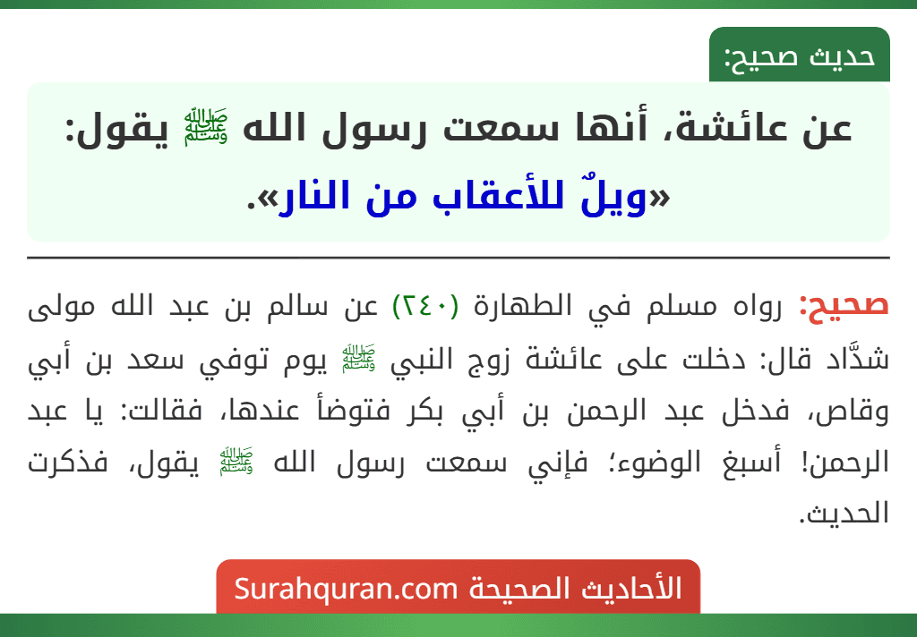 عن عائشة، أنها سمعت رسول الله ﷺ يقول: «ويلٌ للأعقاب من النار». عن عائشة، أنها سمعت رسول الله ﷺ يقول: «ويلٌ للأعقاب من النار».