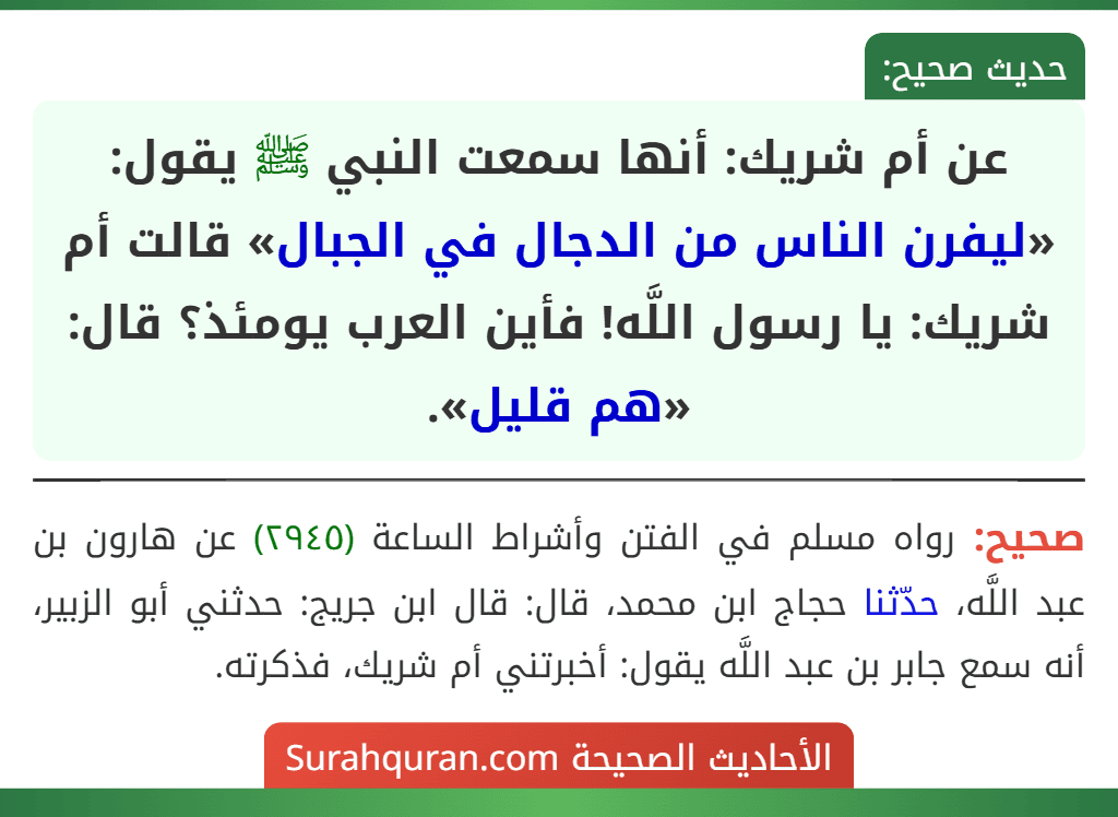 عن أم شريك: أنها سمعت النبي ﷺ يقول: «ليفرن الناس من الدجال في الجبال» قالت أم شريك: يا رسول اللَّه! فأين العرب يومئذ؟ قال: «هم قليل». عن أم شريك: أنها سمعت النبي ﷺ يقول: «ليفرن الناس من الدجال في الجبال» قالت أم شريك: يا رسول اللَّه! فأين العرب يومئذ؟ قال: «هم قليل».