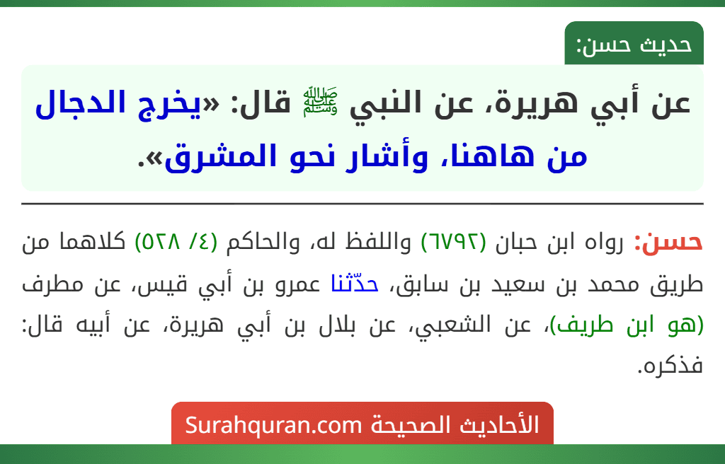 عن أبي هريرة، عن النبي ﷺ قال: «يخرج الدجال من هاهنا، وأشار نحو المشرق».