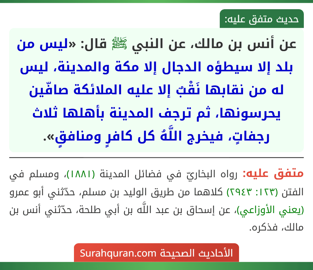 عن أنس بن مالك، عن النبي ﷺ قال: «ليس من بلد إلا سيطؤه الدجال إلا مكة والمدينة، ليس له من نقابها نَقْبٌ إلا عليه الملائكة صافّين يحرسونها، ثم ترجف المدينة بأهلها ثلاث رجفاتٍ، فيخرج اللَّهُ كل كافرٍ ومنافقٍ».
