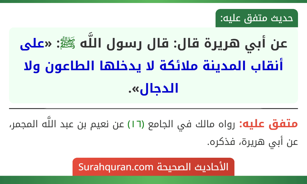 عن أبي هريرة قال: قال رسول اللَّه ﷺ: «على أنقاب المدينة ملائكة لا يدخلها الطاعون ولا الدجال».