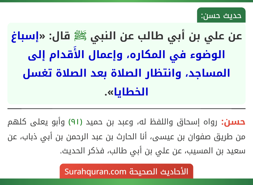 عن علي بن أبي طالب عن النبي ﷺ قال: «إسباغ الوضوء في المكاره، وإعمال الأَقدام إلى المساجد، وانتظار الصلاة بعد الصلاة تغسل الخطايا».
