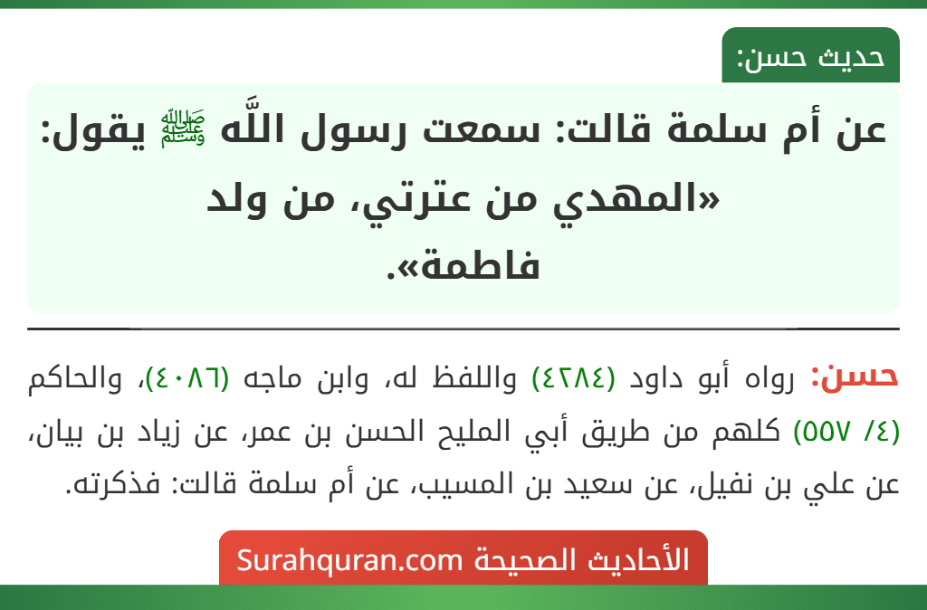 عن أم سلمة قالت: سمعت رسول اللَّه ﷺ يقول: «المهدي من عترتي، من ولد
فاطمة».