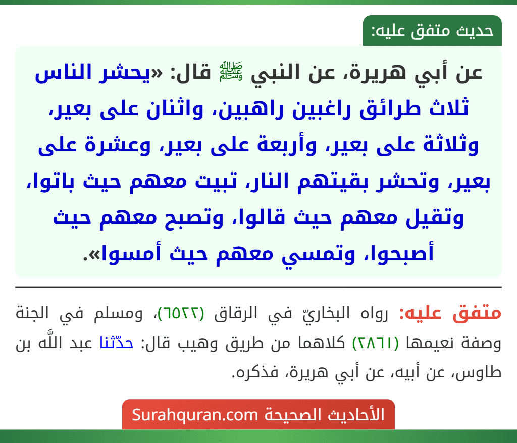 عن أبي هريرة، عن النبي ﷺ قال: «يحشر الناس ثلاث طرائق راغبين راهبين، واثنان على بعير، وثلاثة على بعير، وأربعة على بعير، وعشرة على بعير، وتحشر بقيتهم النار، تبيت معهم حيث باتوا، وتقيل معهم حيث قالوا، وتصبح معهم حيث أصبحوا، وتمسي معهم حيث أمسوا».