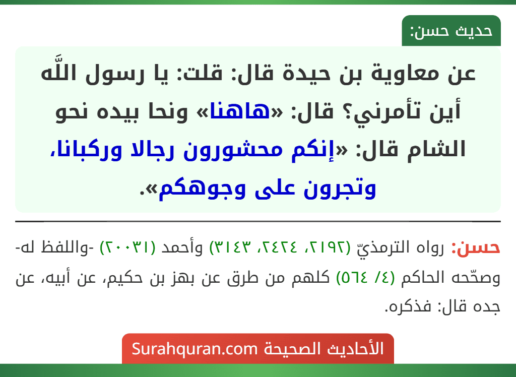 عن معاوية بن حيدة قال: قلت: يا رسول اللَّه أين تأمرني؟ قال: «هاهنا» ونحا بيده نحو الشام قال: «إنكم محشورون رجالا وركبانا، وتجرون على وجوهكم».
