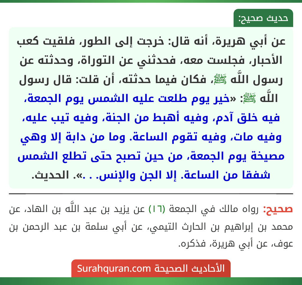 عن أبي هريرة، أنه قال: خرجت إلى الطور، فلقيت كعب الأحبار، فجلست معه، فحدثني عن التوراة، وحدثته عن رسول اللَّه ﷺ، فكان فيما حدثته، أن قلت: قال رسول اللَّه ﷺ: «خير يوم طلعت عليه الشمس يوم الجمعة، فيه خلق آدم، وفيه أهبط من الجنة، وفيه تيب عليه، وفيه مات، وفيه تقوم الساعة. وما من دابة إلا وهي مصيخة يوم الجمعة، من حين تصبح حتى تطلع الشمس شفقا من الساعة. إلا الجن والإنس. . .». الحديث.