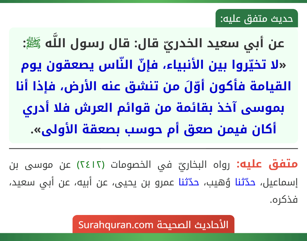 عن أبي سعيد الخدريّ قال: قال رسول اللَّه ﷺ: «لا تخيّروا بين الأنبياء، فإنّ النّاس يصعقون يوم القيامة فأكون أوّلَ من تنشق عنه الأرض، فإذا أنا بموسى آخذ بقائمة من قوائم العرش فلا أدري أكان فيمن صعق أم حوسب بصعقة الأولى».