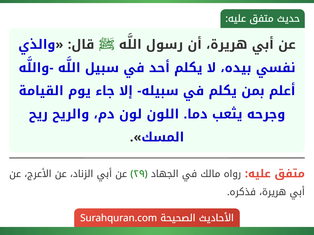 عن أبي هريرة، أن رسول اللَّه ﷺ قال: «والذي نفسي بيده، لا يكلم أحد في سبيل اللَّه -واللَّه أعلم بمن يكلم في سبيله- إلا جاء يوم القيامة وجرحه يثعب دما. اللون لون دم، والريح ريح المسك».