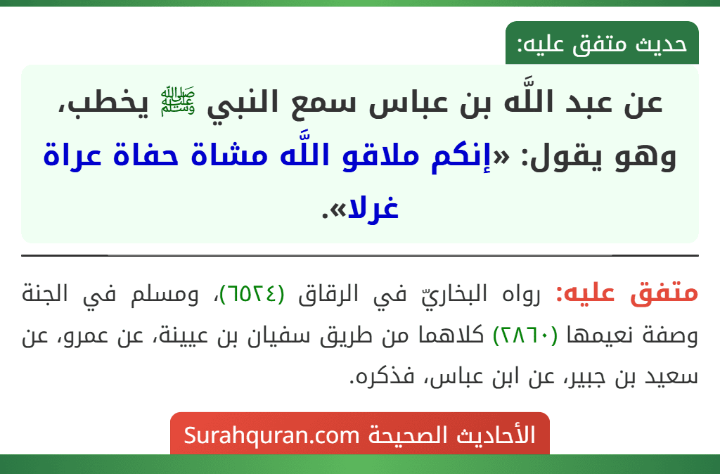 عن عبد اللَّه بن عباس سمع النبي ﷺ يخطب، وهو يقول: «إنكم ملاقو اللَّه مشاة حفاة عراة غرلا».