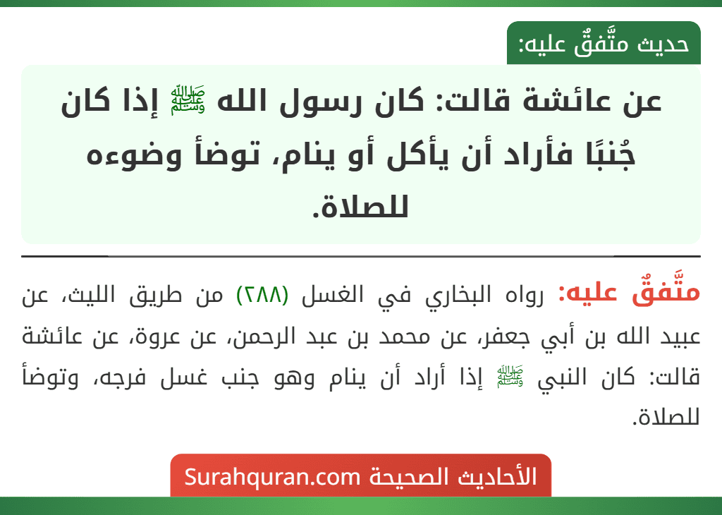 عن عائشة قالت: كان رسول الله ﷺ إذا كان جُنبًا فأراد أن يأكل أو ينام، توضأ وضوءه للصلاة.