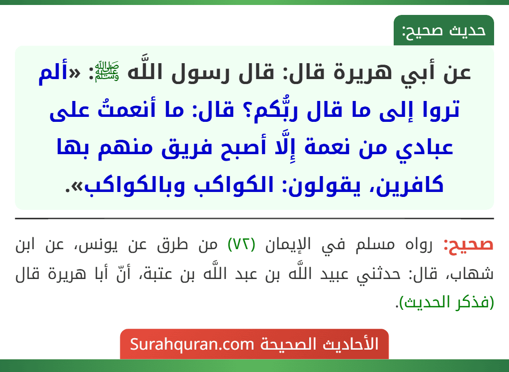 عن أبي هريرة قال: قال رسول اللَّه ﷺ: «ألم تروا إلى ما قال ربُّكم؟ قال: ما أنعمتُ على عبادي من نعمة إِلَّا أصبح فريق منهم بها كافرين، يقولون: الكواكب وبالكواكب». عن أبي هريرة قال: قال رسول اللَّه ﷺ: «ألم تروا إلى ما قال ربُّكم؟ قال: ما أنعمتُ على عبادي من نعمة إِلَّا أصبح فريق منهم بها كافرين، يقولون: الكواكب وبالكواكب».