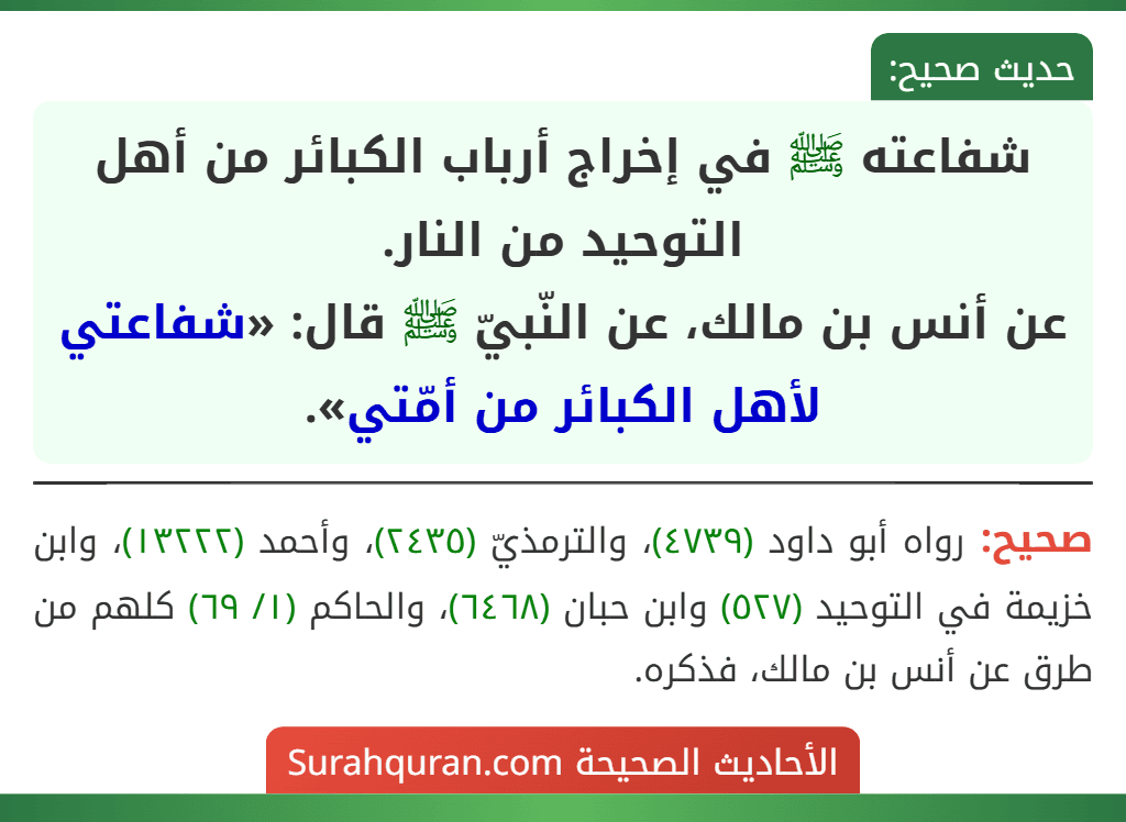 شفاعته ﷺ في إخراج أرباب الكبائر من أهل التوحيد من النار.
عن أنس بن مالك، عن النّبيّ ﷺ قال: «شفاعتي لأهل الكبائر من أمّتي».