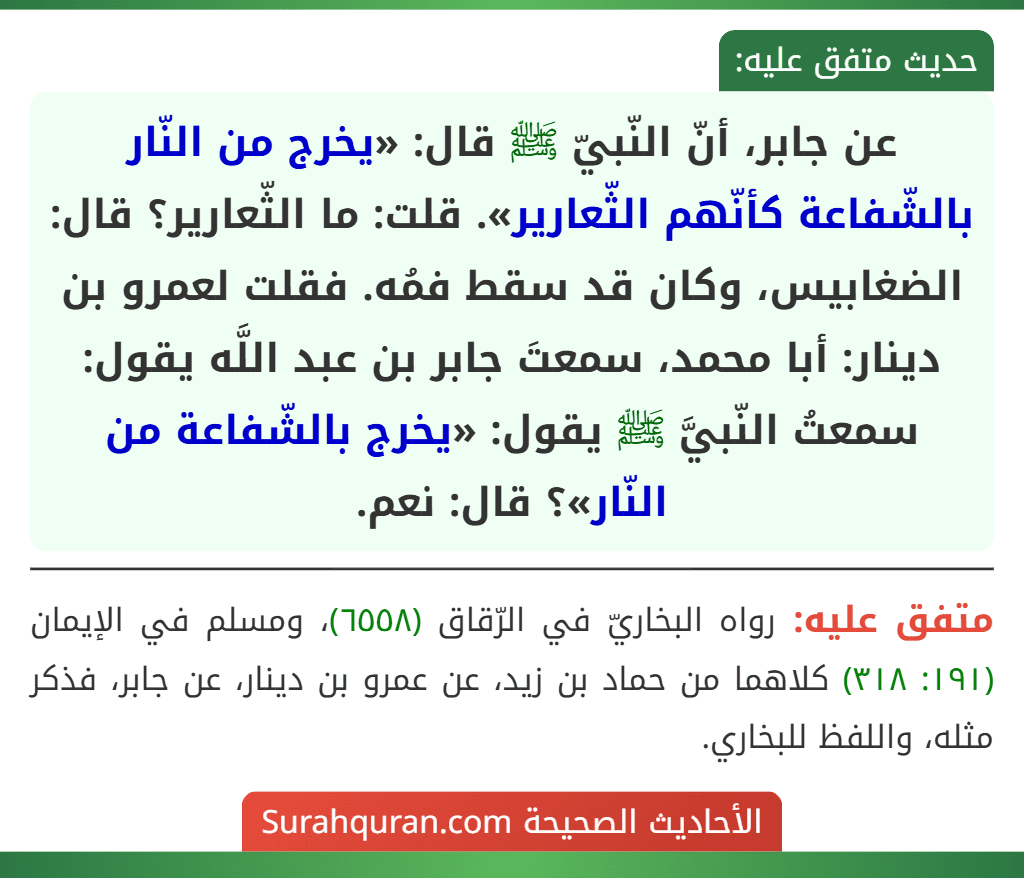 عن جابر، أنّ النّبيّ ﷺ قال: «يخرج من النّار بالشّفاعة كأنّهم الثّعارير». قلت: ما الثّعارير؟ قال: الضغابيس، وكان قد سقط فمُه. فقلت لعمرو بن دينار: أبا محمد، سمعتَ جابر بن عبد اللَّه يقول: سمعتُ النّبيَّ ﷺ يقول: «يخرج بالشّفاعة من النّار»؟ قال: نعم.