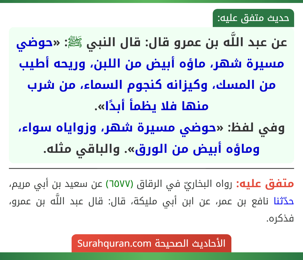 عن عبد اللَّه بن عمرو قال: قال النبي ﷺ: «حوضي مسيرة شهر، ماؤه أبيض من اللبن، وريحه أطيب من المسك، وكيزانه كنجوم السماء، من شرب منها فلا يظمأ أبدًا».
وفي لفظ: «حوضي مسيرة شهر، وزواياه سواء، وماؤه أبيض من الورق». والباقي مثله.